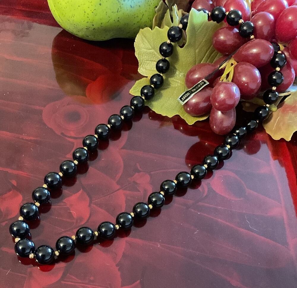 NWT Genuine Lucite Beaded Necklace Black & Gold 23”